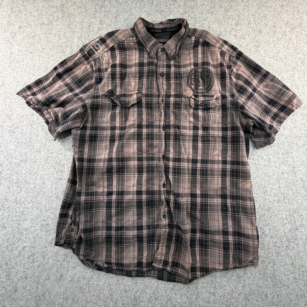 Harley Davidson Mens 2XL Plaid Short Sleeve Button Down Shirt Black Gray Graphic